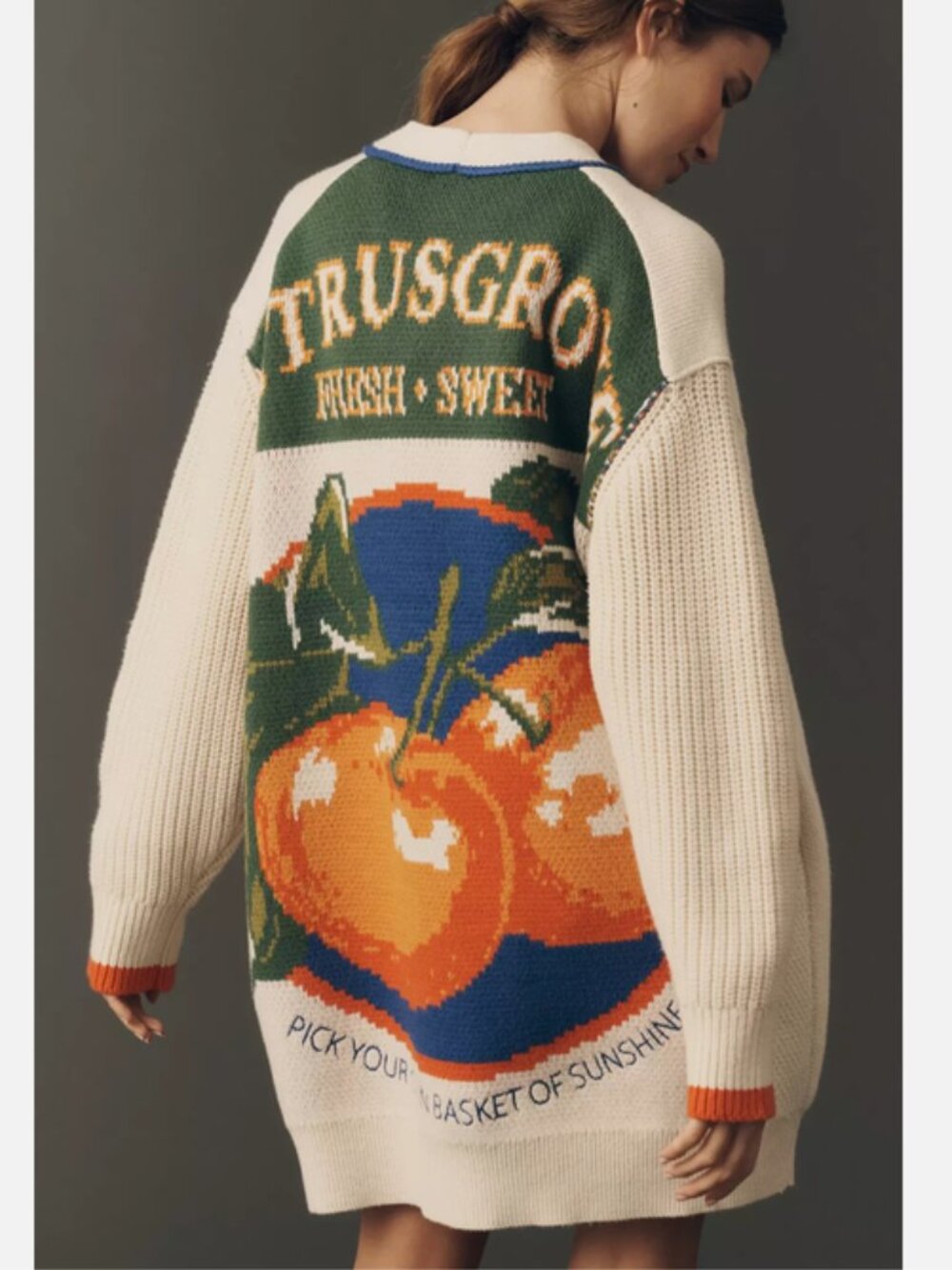 Anthropologie Maeve Cotton Blend Veggie Fruit Motif Cardigan Sweater XS NWT